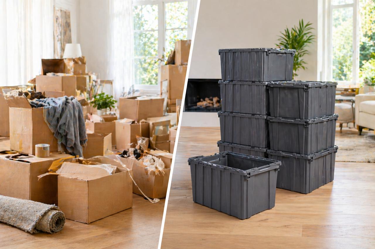 Split comparison of cardboard boxes versus reusable moving totes