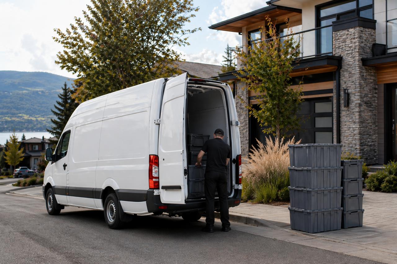 Plain white moving van parked curbside beside a modern home with reusable moving totes