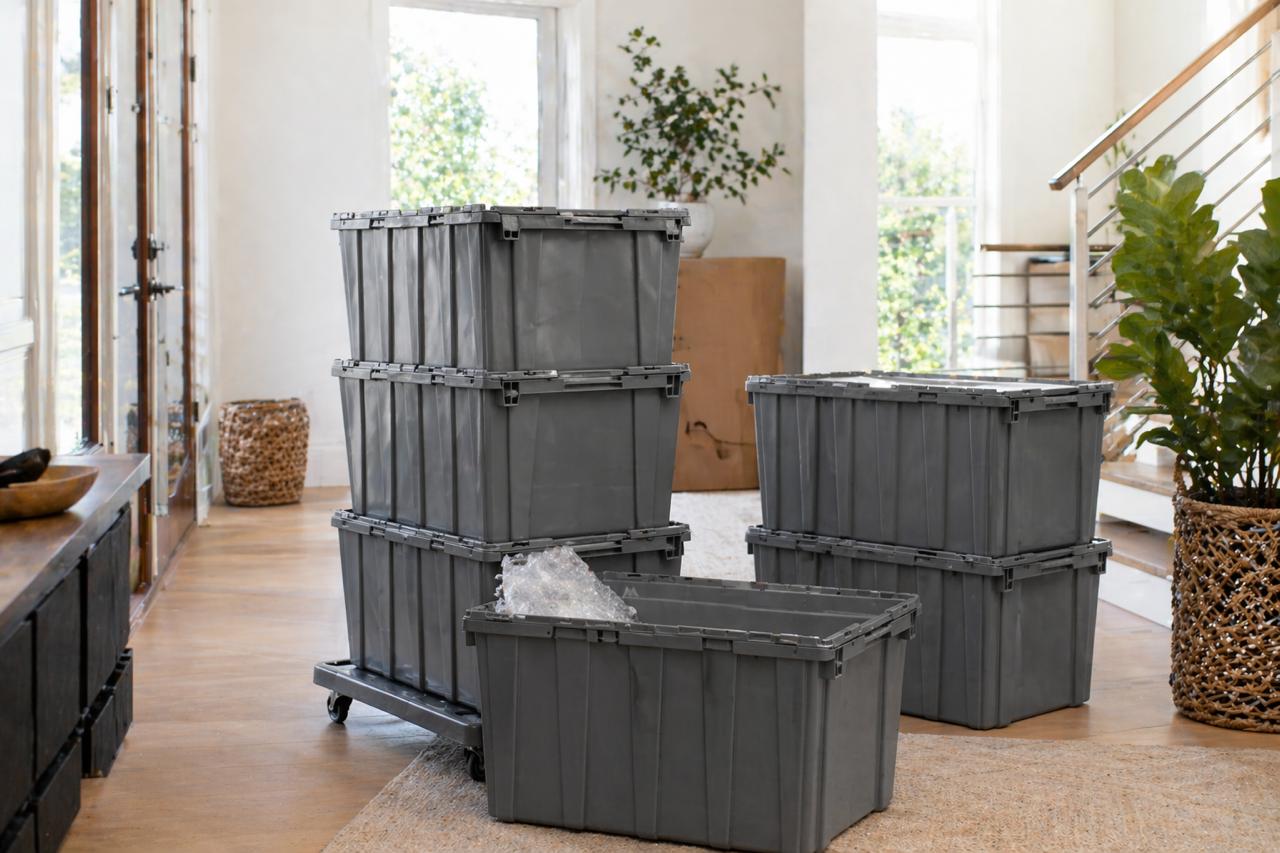 Stacked reusable moving totes inside a bright home interior